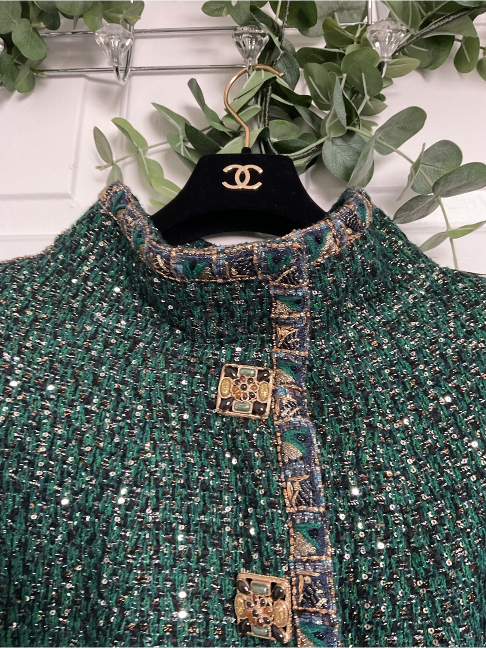 CHANEL VINTAGE PARIS BYZANCE GREEN GOLD JACKET GRIPOIX BUTTONS. FR 48 - Picture 5 of 16